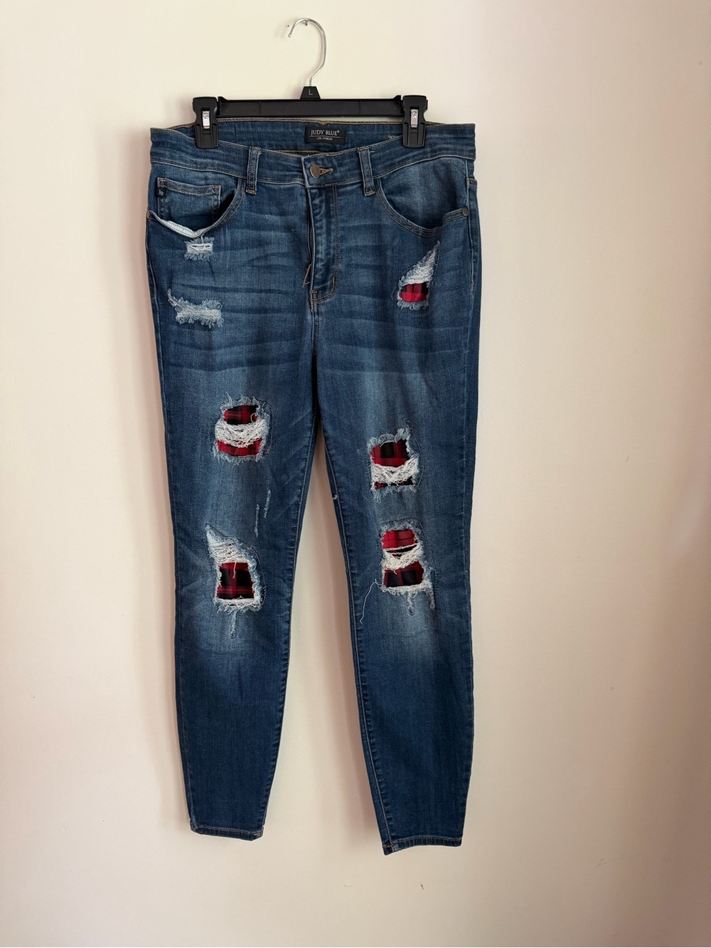 Judy Blue 14W Skinny Jeans Distressed Buffalo Plaid Patch Stretch